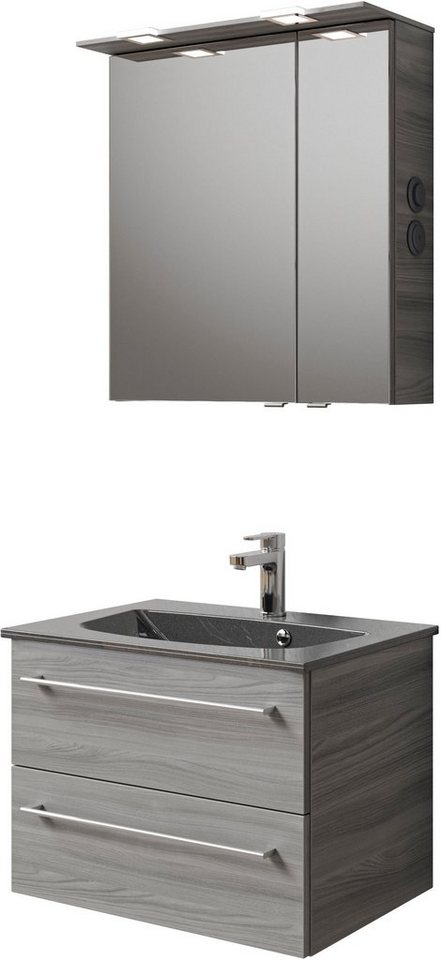 Saphir Badmöbel-Set Serie 6025 2-teilig Mineralmarmor-Waschtisch mit LED-Spiegelschrank, (2-St), Waschplatz 67 cm breit, 2 Schubladen, 2 Spiegel-Türen, inkl Türdämpfer von Saphir