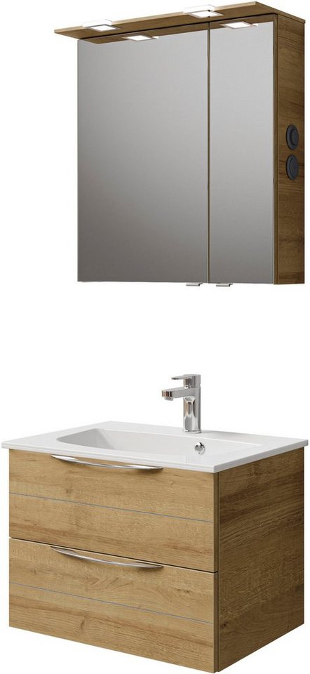 Saphir Badmöbel-Set Serie 6025 2-teilig Mineralmarmor-Waschtisch mit LED-Spiegelschrank, (2-St), Waschplatz 67 cm breit, 2 Schubladen, 2 Spiegel-Türen, inkl Türdämpfer von Saphir