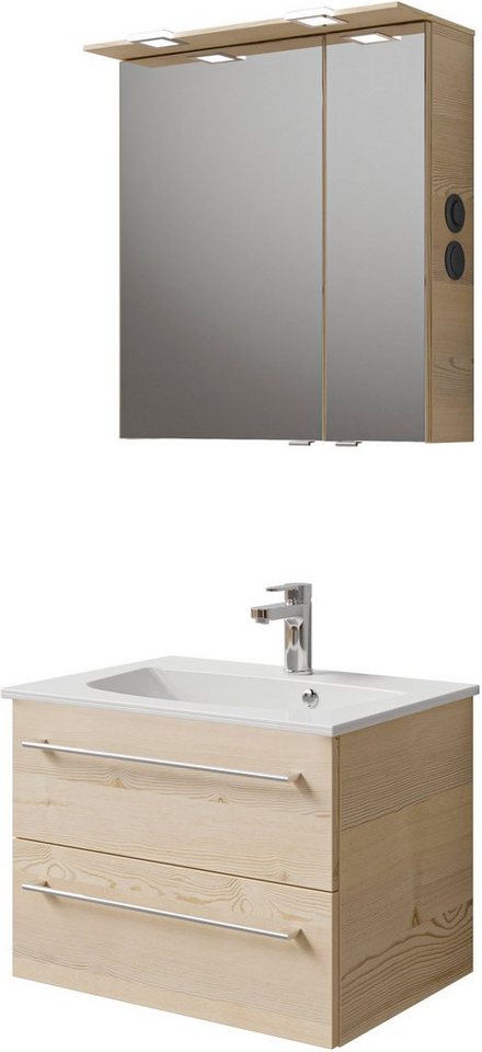 Saphir Badmöbel-Set Serie 6025 2-teilig Mineralmarmor-Waschtisch mit LED-Spiegelschrank, (2-St), Waschplatz 67 cm breit, 2 Schubladen, 2 Spiegel-Türen, inkl Türdämpfer von Saphir