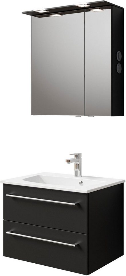 Saphir Badmöbel-Set Serie 6025 2-teilig Mineralmarmor-Waschtisch mit LED-Spiegelschrank, (2-St), Waschplatz 67 cm breit, 2 Schubladen, 2 Spiegel-Türen, inkl Türdämpfer von Saphir
