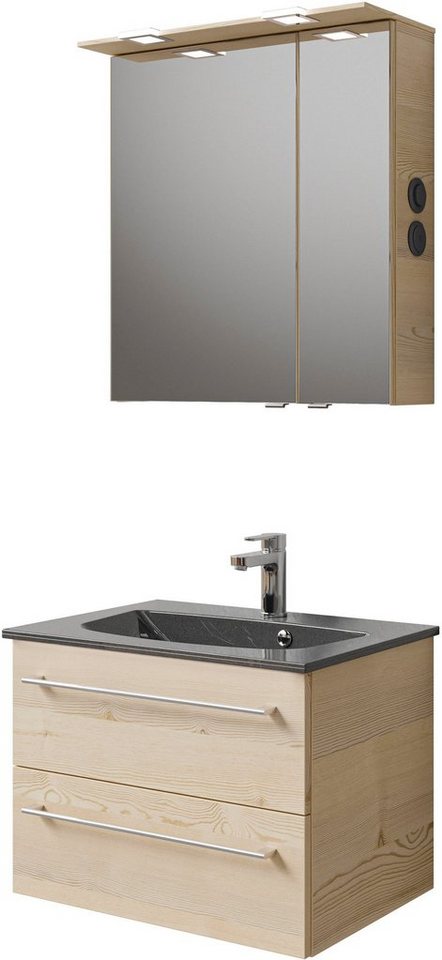 Saphir Badmöbel-Set Serie 6025 2-teilig Mineralmarmor-Waschtisch mit LED-Spiegelschrank, (2-St), Waschplatz 67 cm breit, 2 Schubladen, 2 Spiegel-Türen, inkl Türdämpfer von Saphir