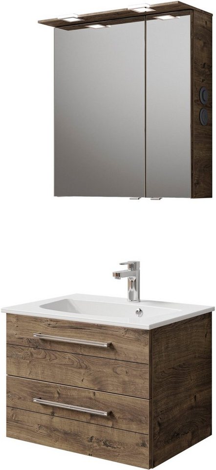 Saphir Badmöbel-Set Serie 6025 2-teilig Mineralmarmor-Waschtisch mit LED-Spiegelschrank, (2-St), Waschplatz 67 cm breit, 2 Schubladen, 2 Spiegel-Türen, inkl Türdämpfer von Saphir