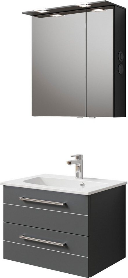 Saphir Badmöbel-Set Serie 6025 2-teilig Mineralmarmor-Waschtisch mit LED-Spiegelschrank, (2-St), Waschplatz 67 cm breit, 2 Schubladen, 2 Spiegel-Türen, inkl Türdämpfer von Saphir