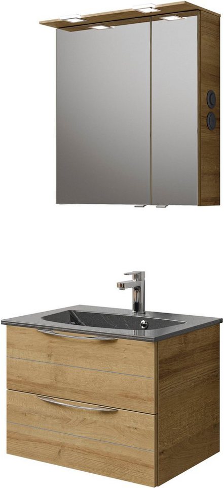 Saphir Badmöbel-Set Serie 6025 2-teilig Mineralmarmor-Waschtisch mit LED-Spiegelschrank, (2-St), Waschplatz 67 cm breit, 2 Schubladen, 2 Spiegel-Türen, inkl Türdämpfer von Saphir