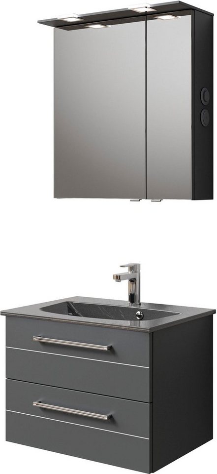 Saphir Badmöbel-Set Serie 6025 2-teilig Mineralmarmor-Waschtisch mit LED-Spiegelschrank, (2-St), Waschplatz 67 cm breit, 2 Schubladen, 2 Spiegel-Türen, inkl Türdämpfer von Saphir