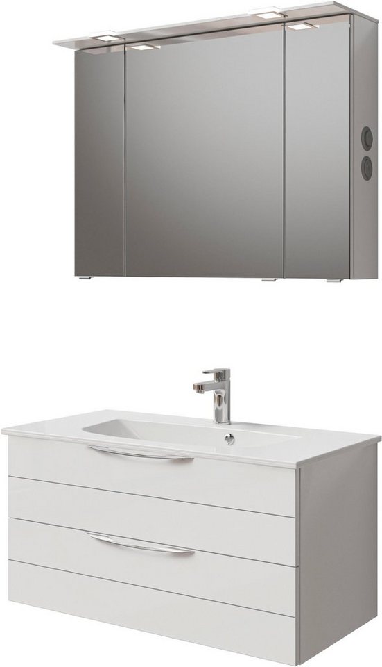 Saphir Badmöbel-Set Serie 6025 2-teilig Mineralmarmor-Waschtisch mit LED-Spiegelschrank, (2-St), Waschplatz 97 cm breit, 2 Schubladen, 3 Spiegel-Türen, inkl Türdämpfer von Saphir