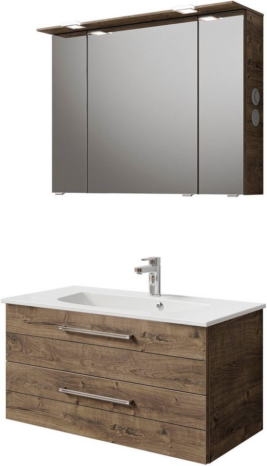 Saphir Badmöbel-Set Serie 6025 2-teilig Mineralmarmor-Waschtisch mit LED-Spiegelschrank, (2-St), Waschplatz 97 cm breit, 2 Schubladen, 3 Spiegel-Türen, inkl Türdämpfer von Saphir