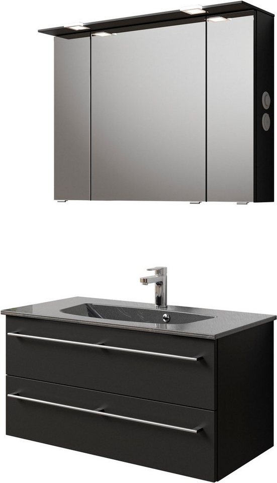 Saphir Badmöbel-Set Serie 6025 2-teilig Mineralmarmor-Waschtisch mit LED-Spiegelschrank, (2-St), Waschplatz 97 cm breit, 2 Schubladen, 3 Spiegel-Türen, inkl Türdämpfer von Saphir