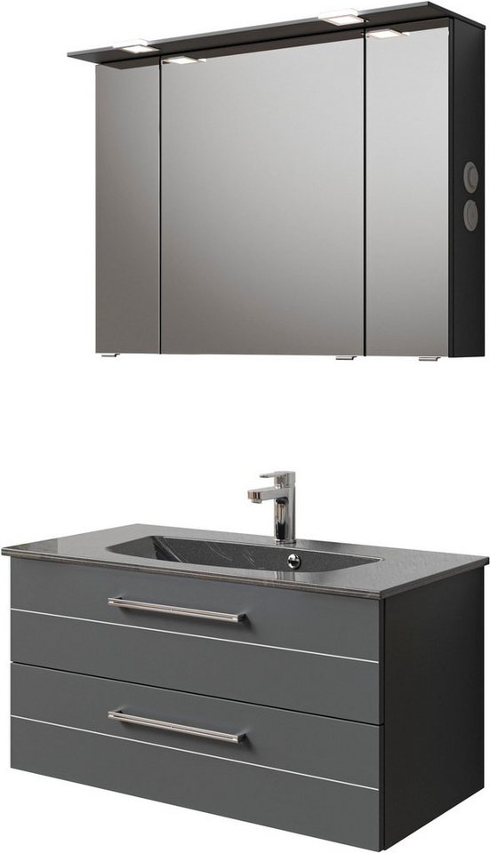 Saphir Badmöbel-Set Serie 6025 2-teilig Mineralmarmor-Waschtisch mit LED-Spiegelschrank, (2-St), Waschplatz 97 cm breit, 2 Schubladen, 3 Spiegel-Türen, inkl Türdämpfer von Saphir