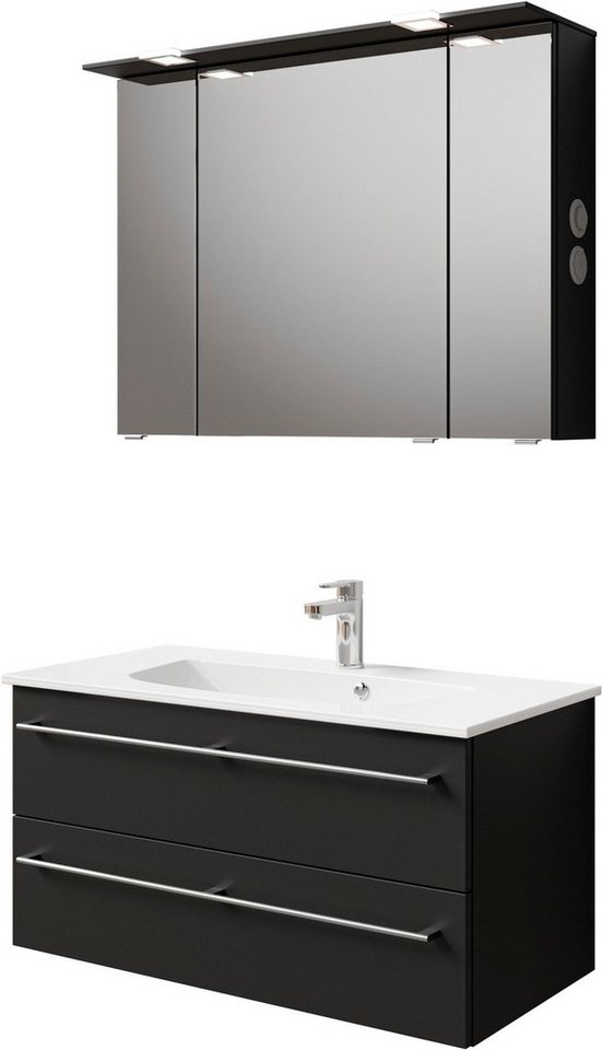 Saphir Badmöbel-Set Serie 6025 2-teilig Mineralmarmor-Waschtisch mit LED-Spiegelschrank, (2-St), Waschplatz 97 cm breit, 2 Schubladen, 3 Spiegel-Türen, inkl Türdämpfer von Saphir