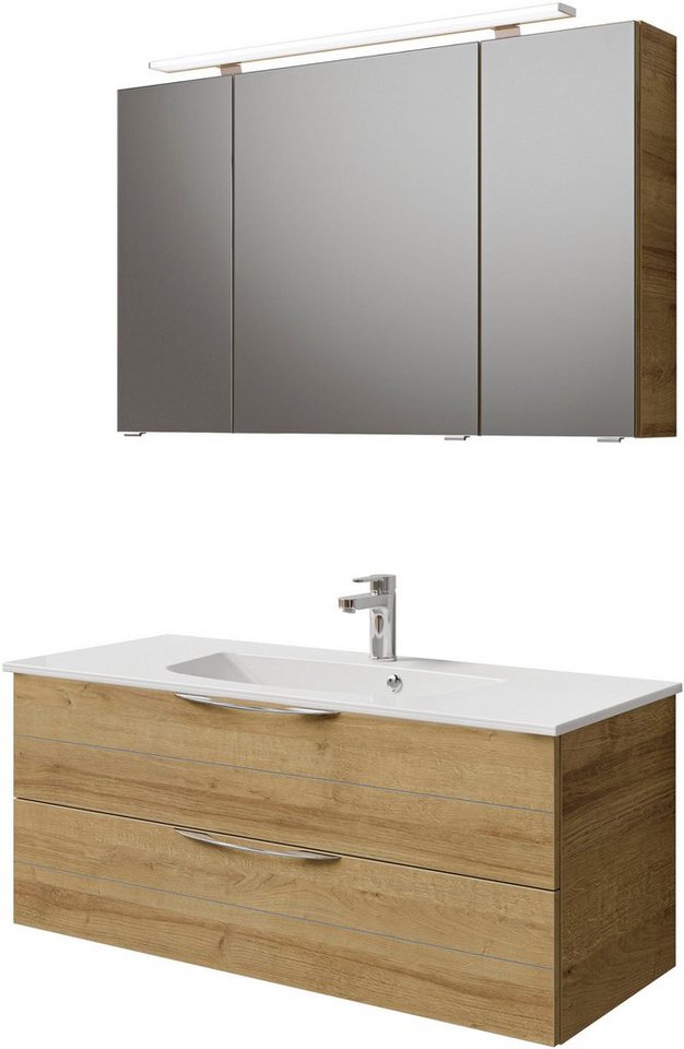 Saphir Badmöbel-Set Serie 6025 2-teilig Mineralmarmor-Waschtisch mit LED-Spiegelschrank, (2-St), Waschplatz 117cm breit, 2 Schubladen, 3 Spiegel-Türen, inkl Türdämpfer von Saphir