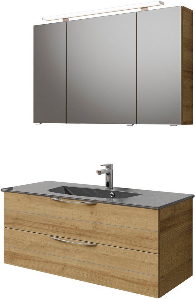 Saphir Badmöbel-Set Serie 6025 2-teilig Mineralmarmor-Waschtisch mit LED-Spiegelschrank, (2-St), Waschplatz 117cm breit, 2 Schubladen, 3 Spiegel-Türen, inkl Türdämpfer von Saphir