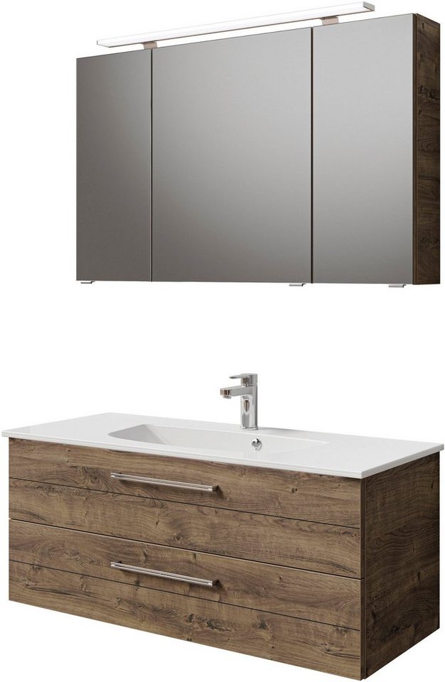 Saphir Badmöbel-Set Serie 6025 2-teilig Mineralmarmor-Waschtisch mit LED-Spiegelschrank, (2-St), Waschplatz 117cm breit, 2 Schubladen, 3 Spiegel-Türen, inkl Türdämpfer von Saphir