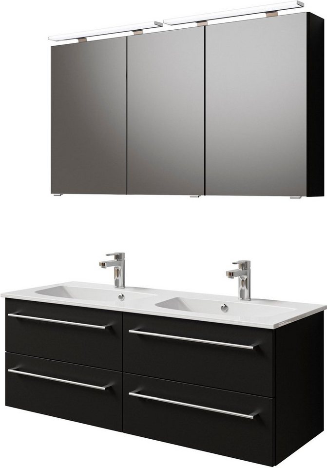 Saphir Badmöbel-Set Serie 6025 2-teilig Mineralmarmor-Waschtisch mit LED-Spiegelschrank, (2-St), Waschplatz 132cm breit, 4 Schubladen, 2 Spiegel-Türen, inkl Türdämpfer von Saphir