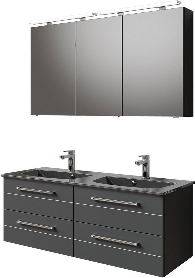 Saphir Badmöbel-Set Serie 6025 2-teilig Mineralmarmor-Waschtisch mit LED-Spiegelschrank, (2-St), Waschplatz 132cm breit, 4 Schubladen, 2 Spiegel-Türen, inkl Türdämpfer von Saphir