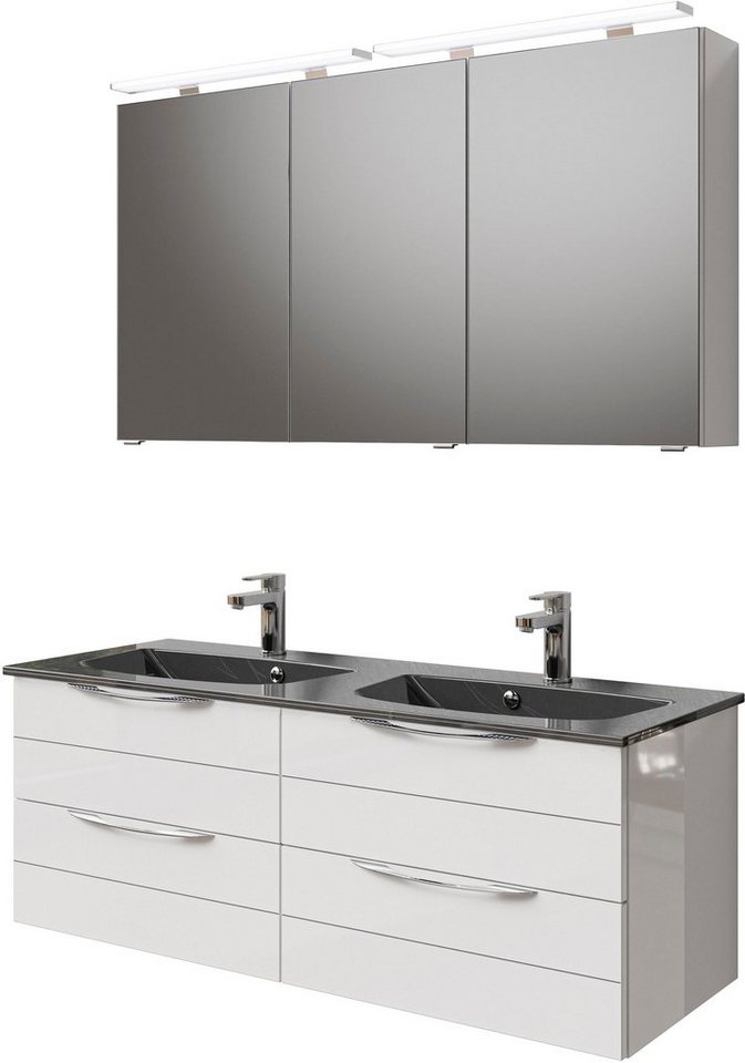 Saphir Badmöbel-Set Serie 6025 2-teilig Mineralmarmor-Waschtisch mit LED-Spiegelschrank, (2-St), Waschplatz 132cm breit, 4 Schubladen, 2 Spiegel-Türen, inkl Türdämpfer von Saphir