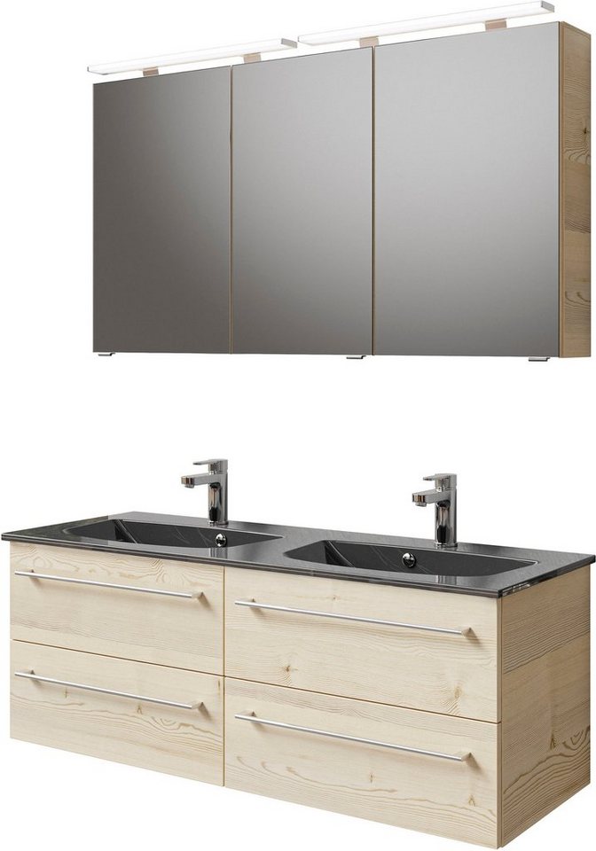 Saphir Badmöbel-Set Serie 6025 2-teilig Mineralmarmor-Waschtisch mit LED-Spiegelschrank, (2-St), Waschplatz 132cm breit, 4 Schubladen, 2 Spiegel-Türen, inkl Türdämpfer von Saphir