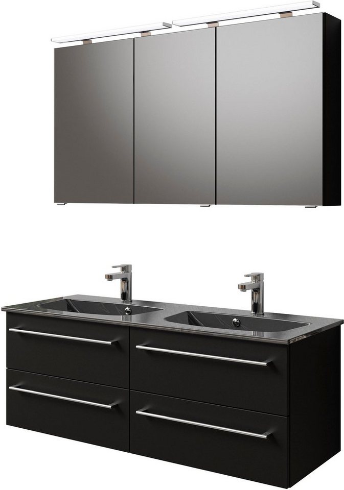 Saphir Badmöbel-Set Serie 6025 2-teilig Mineralmarmor-Waschtisch mit LED-Spiegelschrank, (2-St), Waschplatz 132cm breit, 4 Schubladen, 2 Spiegel-Türen, inkl Türdämpfer von Saphir