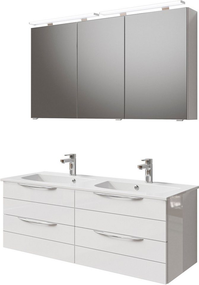 Saphir Badmöbel-Set Serie 6025 2-teilig Mineralmarmor-Waschtisch mit LED-Spiegelschrank, (2-St), Waschplatz 132cm breit, 4 Schubladen, 2 Spiegel-Türen, inkl Türdämpfer von Saphir