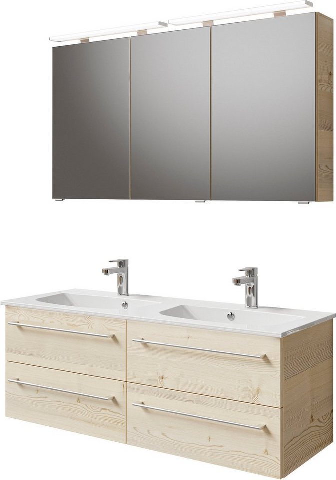 Saphir Badmöbel-Set Serie 6025 2-teilig Mineralmarmor-Waschtisch mit LED-Spiegelschrank, (2-St), Waschplatz 132cm breit, 4 Schubladen, 2 Spiegel-Türen, inkl Türdämpfer von Saphir