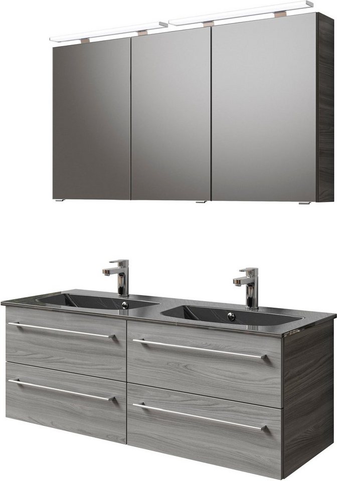 Saphir Badmöbel-Set Serie 6025 2-teilig Mineralmarmor-Waschtisch mit LED-Spiegelschrank, (2-St), Waschplatz 132cm breit, 4 Schubladen, 2 Spiegel-Türen, inkl Türdämpfer von Saphir