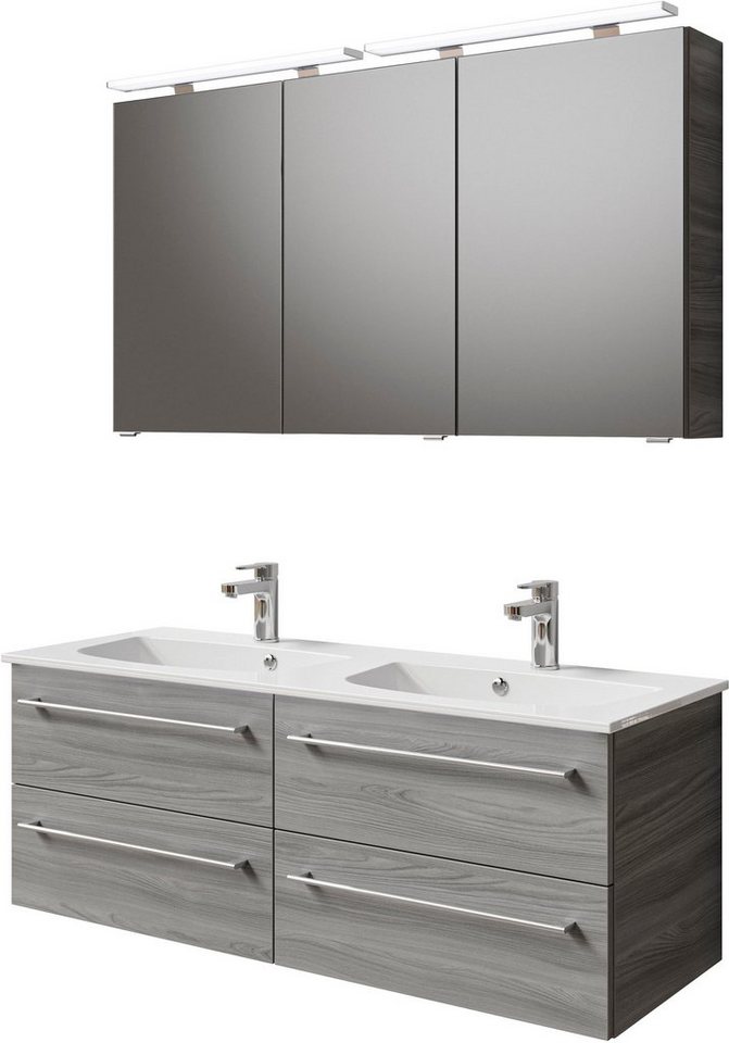 Saphir Badmöbel-Set Serie 6025 2-teilig Mineralmarmor-Waschtisch mit LED-Spiegelschrank, (2-St), Waschplatz 132cm breit, 4 Schubladen, 2 Spiegel-Türen, inkl Türdämpfer von Saphir