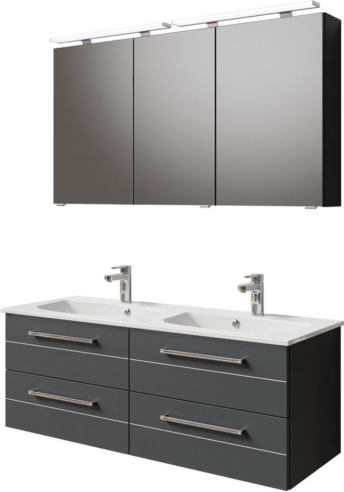 Saphir Badmöbel-Set Serie 6025 2-teilig Mineralmarmor-Waschtisch mit LED-Spiegelschrank, (2-St), Waschplatz 132cm breit, 4 Schubladen, 2 Spiegel-Türen, inkl Türdämpfer von Saphir
