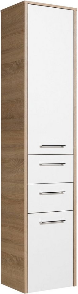 Saphir Hochschrank Quickset 382 Badschrank 40 cm breit, 2 Türen, 2 Schubladen Badezimmer-Hochschrank, Weiß Hochglanz, Griffe in Chrom glänzend von Saphir