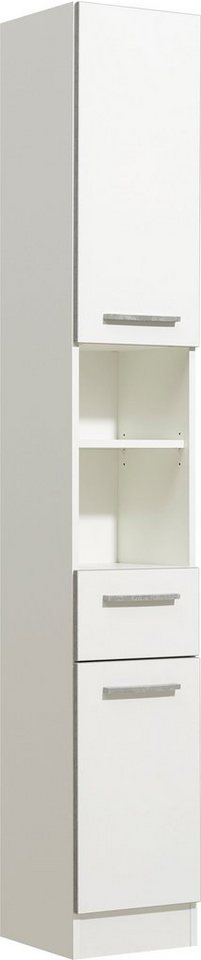 Saphir Hochschrank Quickset 953 Badschrank 30 cm breit, 2 Türen, Nische, 1 Schublade Badezimmer-Hochschrank, Weiß Glanz, Griffe in Betonoptik von Saphir