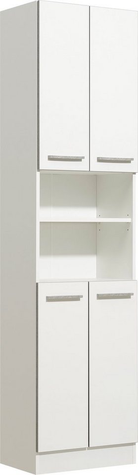 Saphir Hochschrank Quickset 953 Badschrank 50 cm breit, 4 Türen, Nische, 3 Einlegeböden Badezimmer-Hochschrank, Weiß Glanz, Griffe in Betonoptik von Saphir