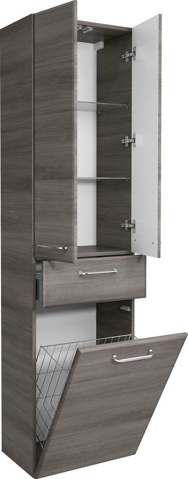 Saphir Hochschrank Quickset Badschrank 50 cm breit, 2 Türen, 1 Schublade, 1 Wäschekippe Badezimmer-Hochschrank inkl. Türdämpfer, Griffe in Chrom glänzend von Saphir