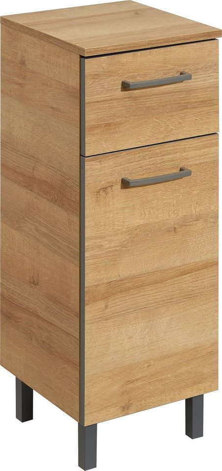 Saphir Unterschrank Quickset 919 Badschrank mit 1 Tür, 1 Schublade, 30 cm breit Badezimmermöbel, Riviera Eiche quer Nachbildung, Griffe in Grau von Saphir