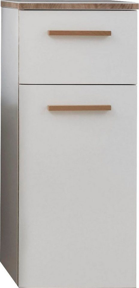 Saphir Unterschrank Quickset 931 Badschrank in Weiß Glanz, 1 Tür, 1 Schublade, 30 cm breit Badezimmer-Unterschrank inkl. Türdämpfer, Holzgriff Eiche von Saphir