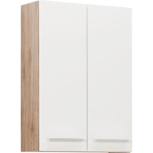 Pelipal Badezimmer Hängeschrank Quickset 380 in Weiß Glanz/Sanremo Eiche Terra Quer Nachbildung, 50 cm breit | Bad Wandschrank mit 2 Türen und 2 Einlegeböden von Pelipal