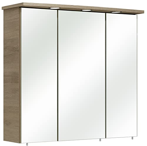 Pelipal Badezimmer-Spiegelschrank Quickset 313 in Sanremo Eiche Terra quer Nachbildung mit LED-Beleuchtung, 75 cm breit | Badschrank mit Spiegel, 3 Türen und 6 Einlegeböden von Pelipal