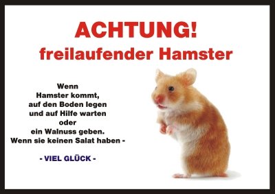 Indigos UG - Achtung/Fun Schild - Hamster Türschild A4 ca. 30x21 cm 3mm PVC - Türschild für Käfig, Zwinger, Haustier, Tür, Tier, Aquarium von PEMA