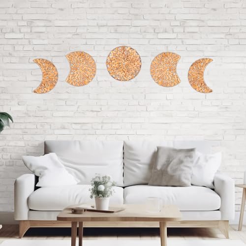 PEMAR Natürliche Weide Mondphase Wanddekoration 5 Stück Boho Hängende Mondphase Wandkunst Natürliche Wasserhyazinthe Gewebt auf Metallrahmen Nordic Rustikal Boho Pediment Himmlische Kunst für Zuhause von PEMAR