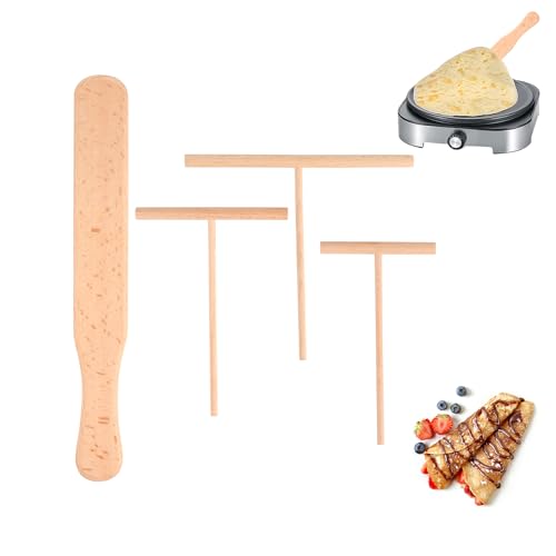 4-Teilig Crepes Verteiler, Profi Crepes Wender Zubehör Crepes Set,Crepes Verteiler aus Buchenholz,T-Form Crepes Maker zubehör,Teigverteiler für Crepes,Crepe Schieber Backwerkzeuge für Pfannkuchen von PENCHUAN