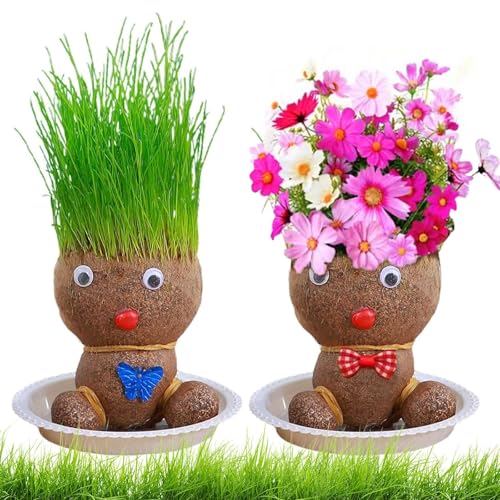 Graskopf Wachsende, Blumenkopf Graskopf Puppen Pflanze,Grasköpfe Puppenpflanze für Kinder, Mini Bonsai Gras Kopf Figurm Blumenkopf Graskopf Bonsai Mit Tablett Topfpflanzen Für Schlafzimmer von PENCHUAN