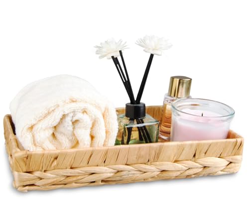 PENGARO Badezimmertablett Rechteckig, Natural Rattan Tablett Dekoschale Schminktisch Kosmetik Tablett Organizer, Baddeko Tank Toilettenbehälter Aufbewahrungskorb für Gewebe Decor, Rattan-Yellow von PENGARO