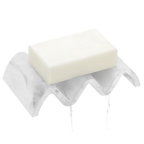 PENGARO Marmor Seifenschale mit Ablauf, Wellenform Seifenschale Dusche Seifenhalter Schnell Trockend Seifenbox Schmuckschale Ring Tablett Seifen Ablage für Badezimmer Schwammhalter Küche, Marmorweiß von PENGARO