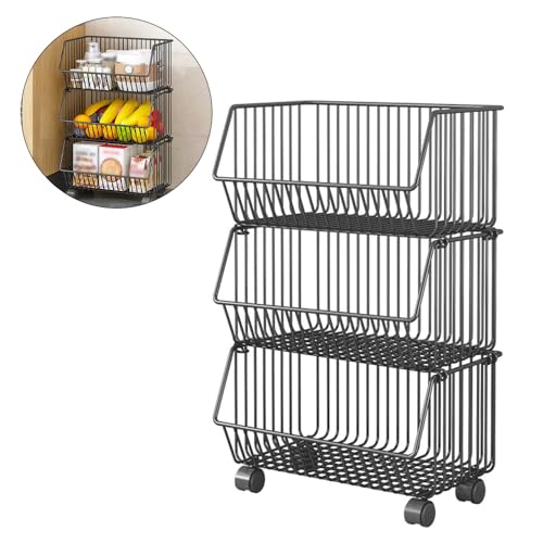 3 -Tier -Obstkorb Küche Aufbewahrungswagen Stapelbare Metalldrahtkörbe Rolling Kartoffel Zwiebel Aufbewahrungsräume Rack Küche Wohnzimmer Home Office (3 Tier) von PENGQIANJU
