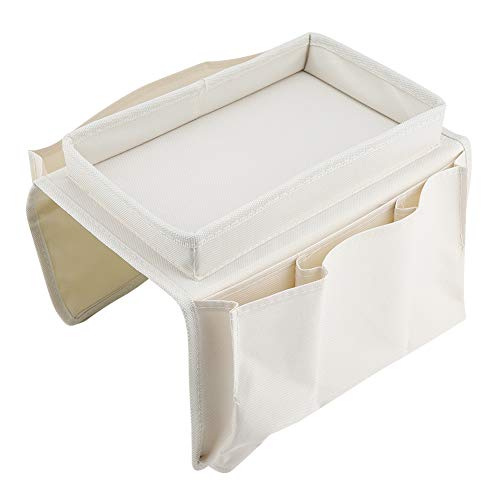 PENGQIANJU Sofa Armlehne TV Fernbedienung Organizer Aufbewahrung Tasche mit Tassen Halter Tablett Schwarz Beige Braun für Wohnzimmer Sofa (Beige) von PENGQIANJU