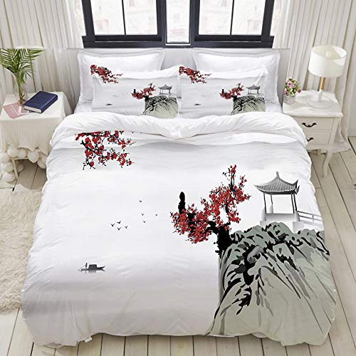 PENGTU Bedding Bettwäsche-Set,Asiatische Flusslandschaft mit Kirschblütenboot Kulturelle Hinweise Mystische Ansicht Artsy,Mikrofaser Bettbezug und Kissenbezug - (135 x 200 cm) von PENGTU