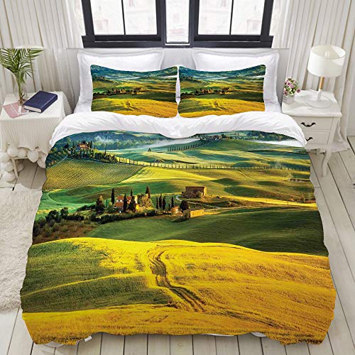 PENGTU Bedding Bettwäsche-Set,Idyllische Landschaft der Toskana-Straße und der Zypressen zum mittelalterlichen Bauernhaus Image,Mikrofaser Bettbezug und Kissenbezug - (135 x 200 cm) von PENGTU