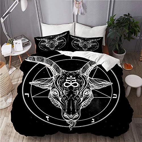 PENGTU Bettwäsche-Set, Mikrofaser,Pentagramm mit Dämon Baphomet Satanic-Ziegen-Kopf-binäres Symbol-Tätowierungs-Retro- Musik,1 Bettbezug 200 x 200cm+ 2 Kopfkissenbezug 80x80cm von PENGTU