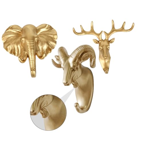 PENIKOKO 3 Stück Teiliges Selbstklebende Wandhaken in Tierform Goldfarbene Ziegen und Elefantenmotive Kratzfeste Oberfläche Einfache Montage ohne Bohren Dekorative Garderobenhaken für von PENIKOKO