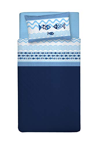 PENSIERI DELICATI Bettwäsche Set Einzelbett 100% Baumwolle, Einzelbett Max 120x200 Inklusive Bodenblech, Deckblatt und 1 Kissenbezug, Made in Italy, Blau Sea Life Muster von PENSIERI DELICATI