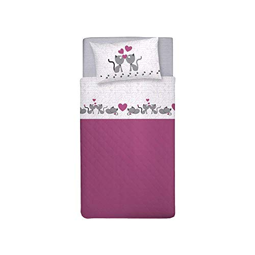 PENSIERI DELICATI Bettwäsche Set Einzelbett 100% Baumwolle, Einzelbett Max 120x200 Inklusive Bodenblech, Deckblatt und 1 Kissenbezug, Made in Italy, Rosa Kätzchen Fantasie von PENSIERI DELICATI