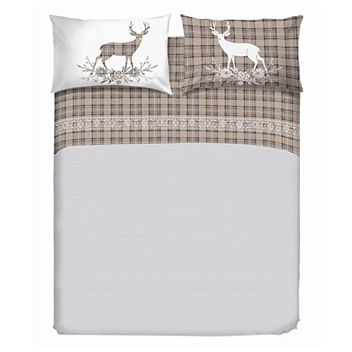 PENSIERI DELICATI Bettwäsche-Set für Ehebett aus 100% Baumwolle, Bettwäsche für Doppelbett 180x200 Inklusive Unterlaken, Oberlaken und 2 Kissenbezügen, Made in Italy, Tartan Hirsche Beige Fantasie von PENSIERI DELICATI